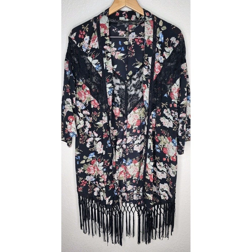 MISS ME Black Floral Open Kimono Cardigan Lace Fringe Women M Boho Festival Core